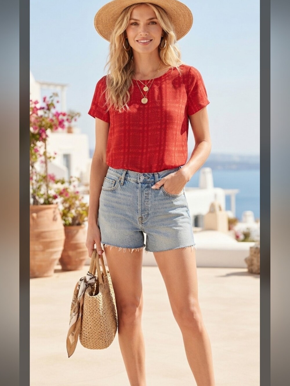 Joie Red Silk Top Houndstooth‎  Design Size Small